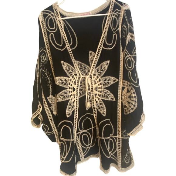 Ana & Rose Black Beige Embroidered Boho Kimono Cardigan 1X Festival Layer - Picture 1 of 4